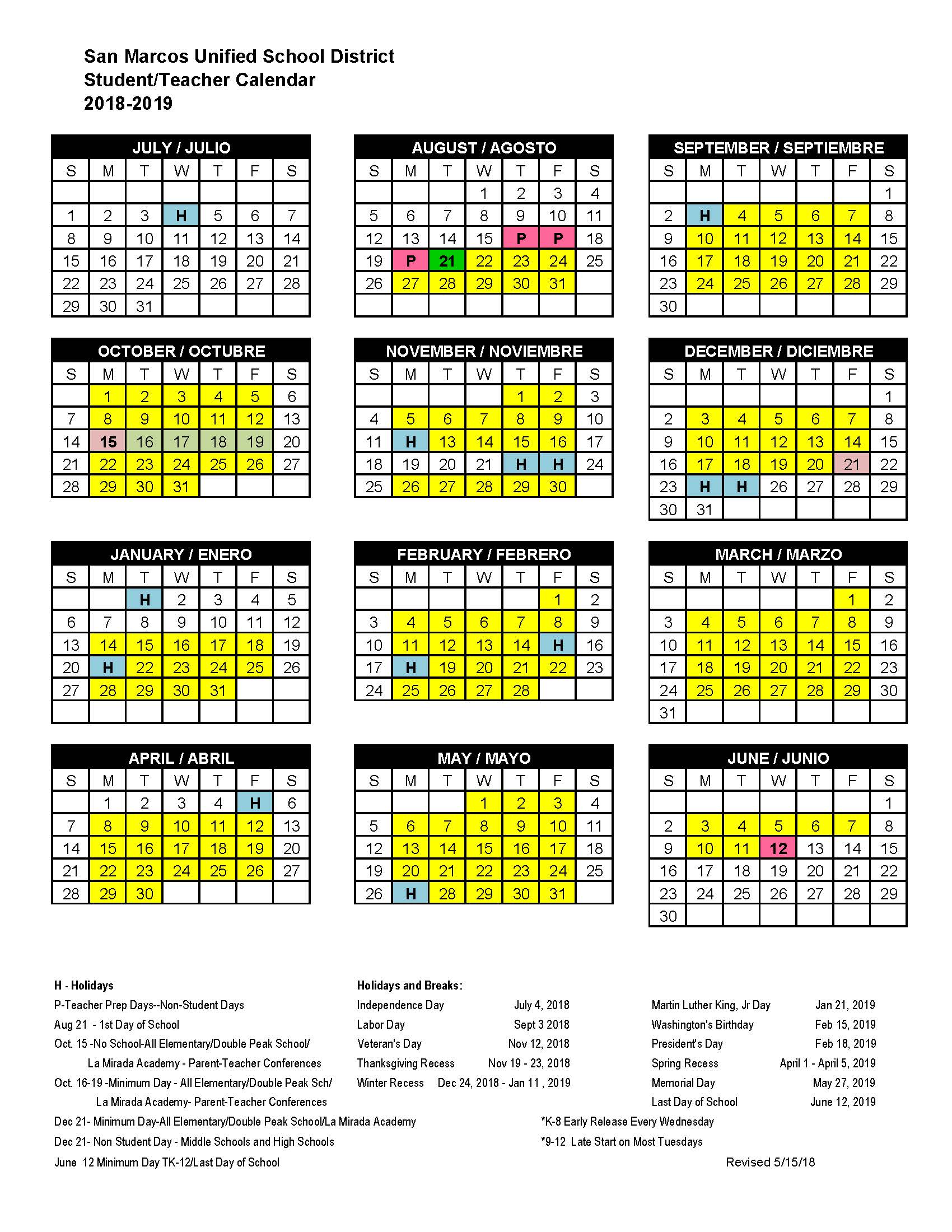 School Calendar San Marcos High School